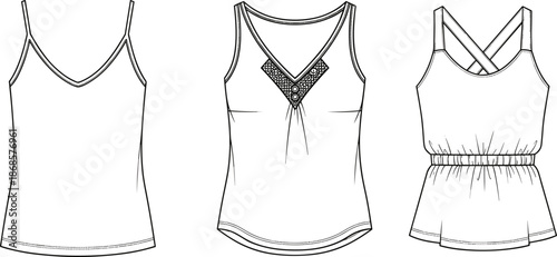 Technical flat sketches of women's tank tops, sleeveless camisole and strap top mockup set, fashion vector illustration for apparel design.