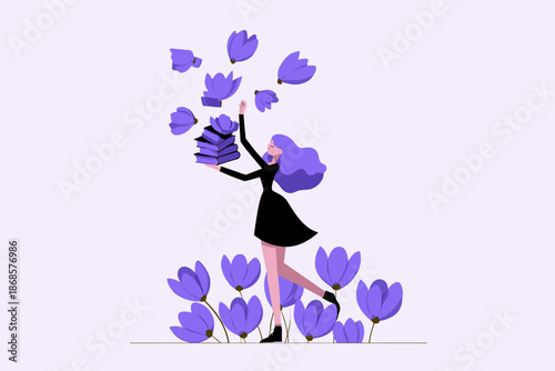 Joyful Reader Surrounded by Purple Flowers