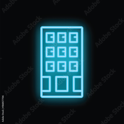 Blue neon sign depicting a building with illuminated windows is glowing on a black background