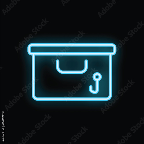 Blue neon sign depicting a fishing tackle box glowing on a black background