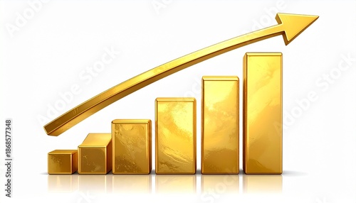 3D gold bar graph in ascending order with glowing upward arrow on dark background, symbolizing growth.