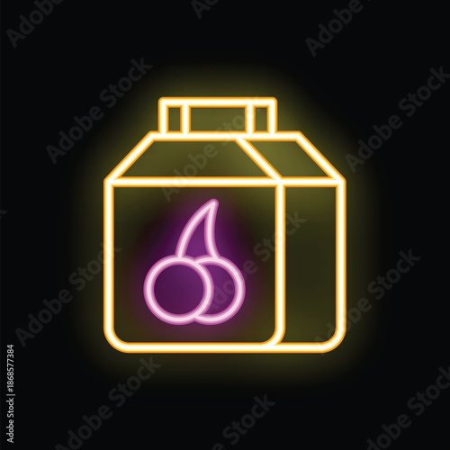 Neon sign of a cherry juice pack glowing in the dark