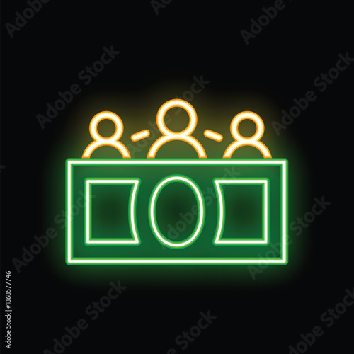 Green and yellow neon icon of a banknote with three business people above it, representing the concept of wealth sharing