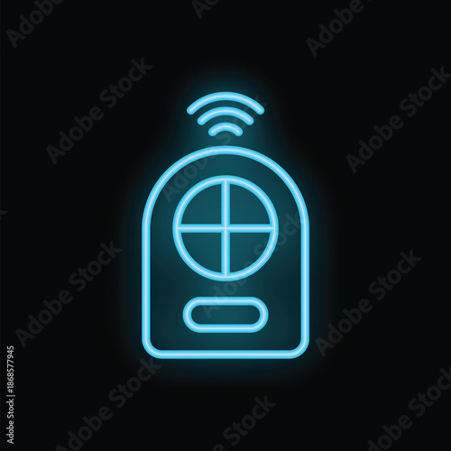 Blue neon icon of a remote control sending a signal on a black background