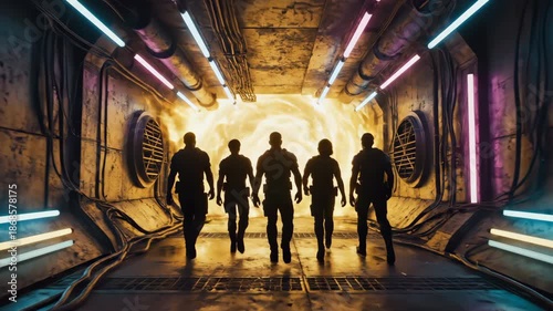 Determined adult team walking through a futuristic neon lit corridor towards a bright portal. Concept of discovery and journey