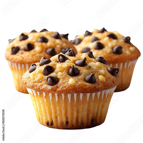 Three chocolate chip muffins against transparent background