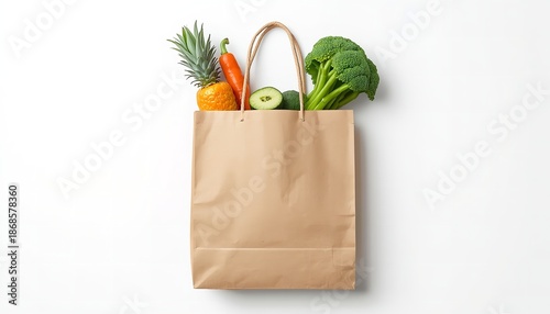 A brown paper bag filled with fresh fruits and vegetables on a white background