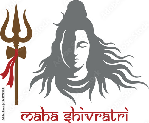 Maha Shivratri minimalist vector illustration featuring Lord Shiva silhouette with flowing hair, trident symbol, and devotional typography in flat, modern spiritual design