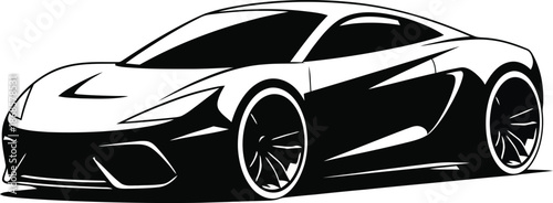 A sleek black sports car with a modern design and shiny wheels is shown in a stylized illustration.
