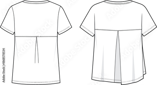 Technical top sketch, pleated front back design, yoke detail, short sleeve blouse, fashion flat, garment template, apparel illustration, textile