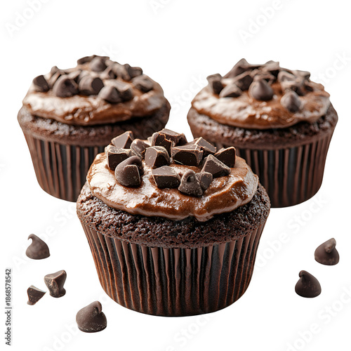 Three chocolate chip muffins on transparent background