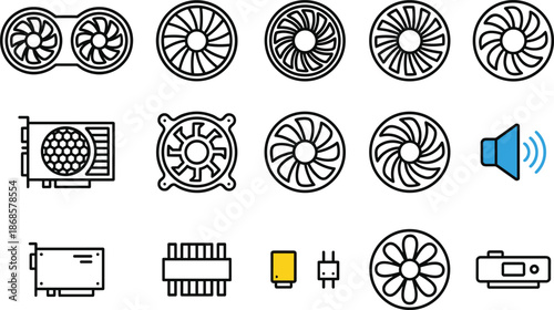 Computer cooling and electronics line icon set featuring PC fans, GPU cooling, heat sinks, power connectors, ventilation, and hardware components in clean outline style