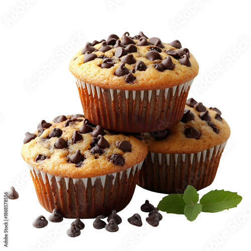 Three chocolate chip muffins stacked transparent background