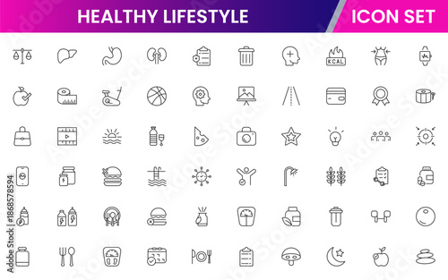 Vibrant vector web line icons depicting healthy lifestyle, fitness, nutrition, wellness, exercise, and balanced habits for vibrant living.