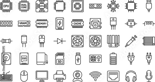Computer hardware and electronics line icon set featuring CPU, memory, storage, cooling fans, power supply, connectors, peripherals, and electronic components in outline style