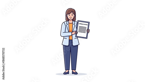 Professional female doctor in a white coat presenting an important medical document, symbolizing healthcare information, expert advice, and vital patient communication