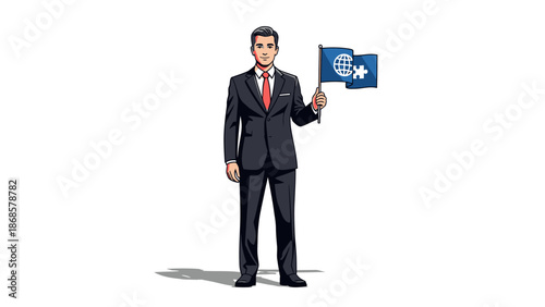 A Businessman Holding Flags Representing Global Business Connections and Partnership