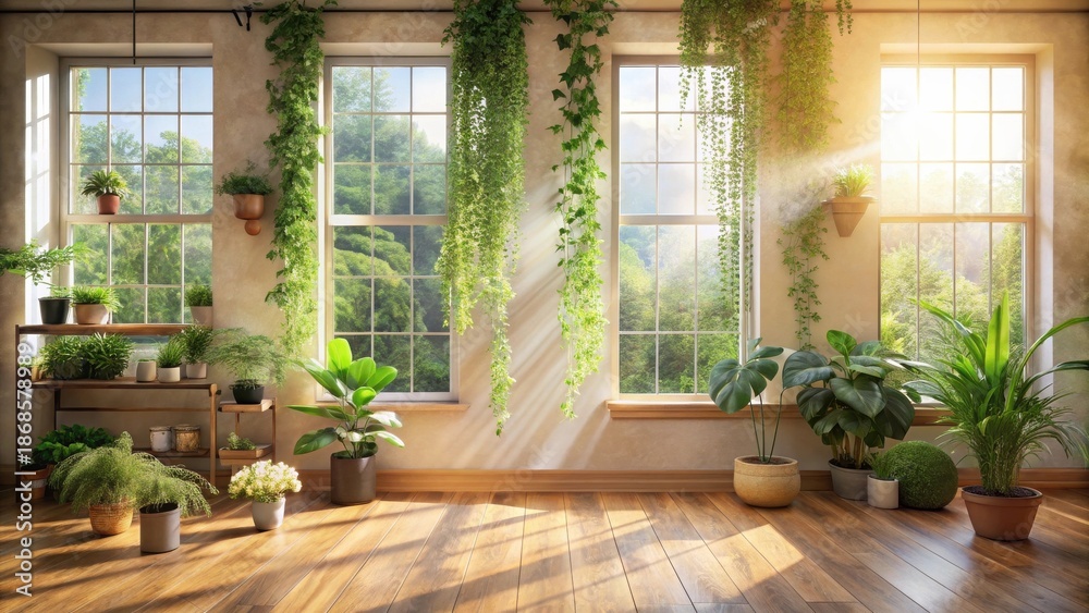 Fototapeta premium Sunlit Interior Room Filled with Lush Greenery and Potted Plants, Basking in the Warm Glow of Sunlight Streaming Through Large Windows