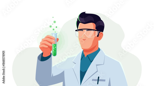 Dedicated scientist carefully analyzing a test tube with bubbling green liquid, symbolizing chemical reactions, discovery, and cutting-edge laboratory research