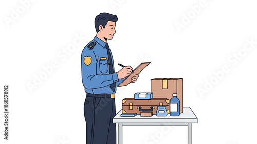 Security officer inspects luggage and packages on a table with a clipboard and pen, conceptual illustration