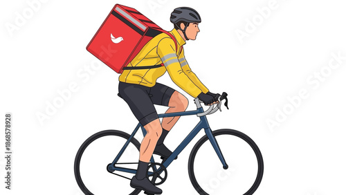 Delivery cyclist with insulated backpack on a bicycle, ensuring efficient and timely package transport
