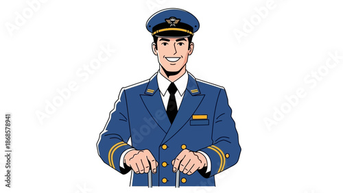 A smiling male airline pilot in a smart blue uniform, confidently operating aircraft controls, ready to navigate the skies for a smooth and safe journey, representing skilled aviation professionals
