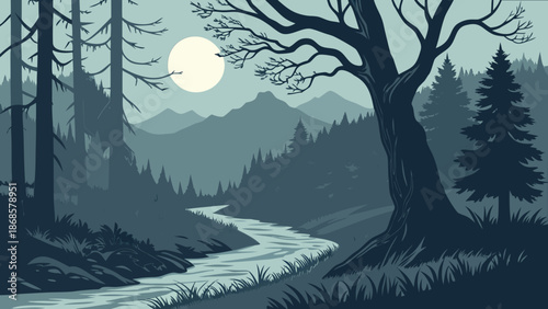 Moody Night Mountain Landscape with Winding River, Full Moon, and Bare Winter Trees