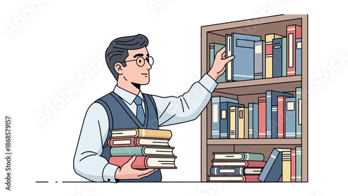 Man in Glasses Picking a Book from a Library Shelf While Holding a Stack of Books