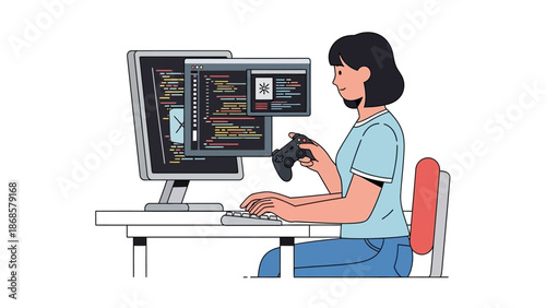 Young woman engaging in both intense programming and relaxing video games simultaneously on her dual monitor setup, highlighting a modern tech-savvy lifestyle and digital balance