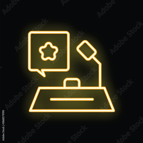 Yellow glowing neon icon of speech bubble with star above tribune with microphone, concept of quality feedback