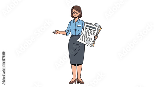 A smiling woman in business attire holds a stack of newspapers, ready to share the latest news