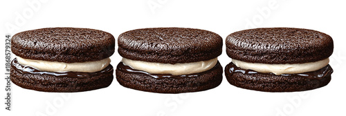 Three chocolate sandwich cookies on transparent background