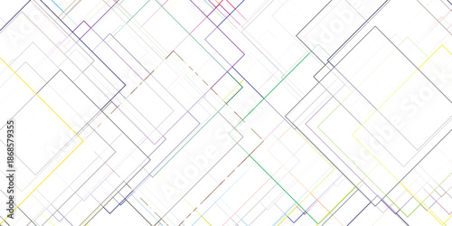 Abstract geometric pattern of overlapping colorful thin lines and squares creating a dynamic and modern background design with a white backdrop