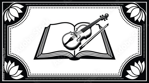 Open book with violin illustration, education and music concept, black and white decorative frame, knowledge, learning, and classical art symbolism