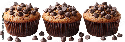 Three chocolate sprinkled cupcakes on transparent background
