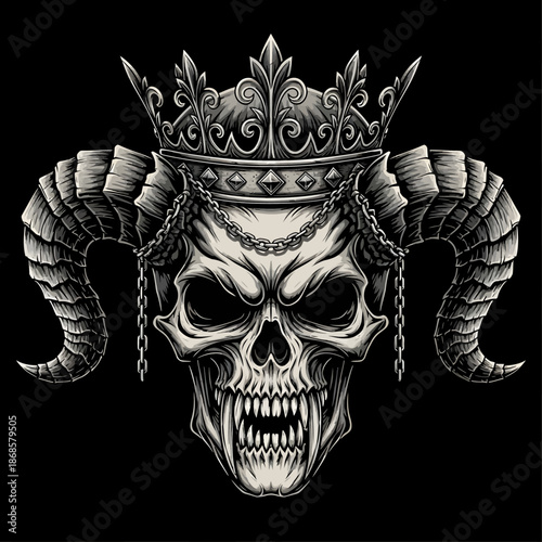 Crowned Skull with Ram Horns Dark Fantasy Portrait.