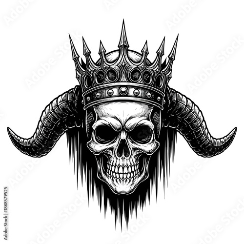 Crowned horned skull illustration for dark fantasy art.