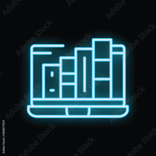 Neon icon depicting a laptop showcasing a digital library or online bookstore interface, symbolizing modern education and access to knowledge