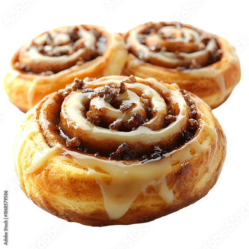 Three cinnamon rolls against transparent background