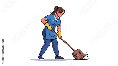 Dedicated female cleaner diligently sweeping a floor with a traditional broom, showcasing professional housekeeping or janitorial services in a clean and efficient manner