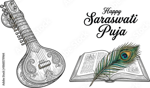 Happy Saraswati Puja illustration with veena, book and peacock feather, Hindu festival of knowledge, music and education celebration