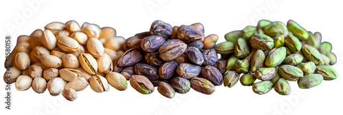 Three clusters of granular items varying hues transparent background
