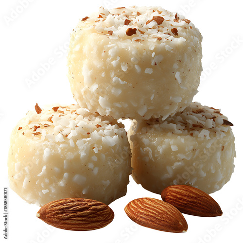 Three coconut almond candies stacked close up image