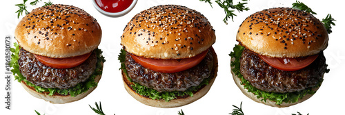 Three closeup view burgers on transparent background