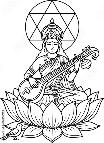 Goddess Saraswati line art illustration, veena and lotus flower, Hindu religious spiritual art, Vasant Panchami and Saraswati Puja design