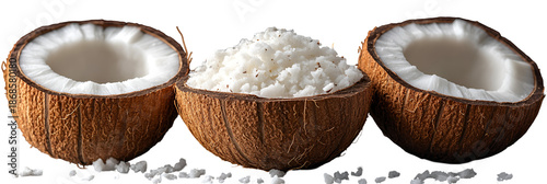 Three coconut halves displaying flesh and shell