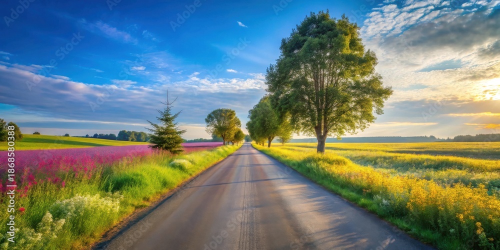 Fototapeta premium Serene Country Road at Sunrise, Flanked by Vibrant Wildflower Fields and Lush Green Meadows, bathed in Golden Sunlight