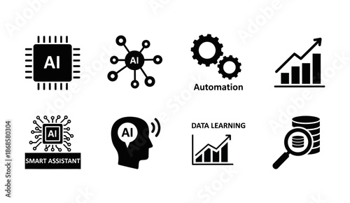 Comprehensive collection of modern vector icons illustrating artificial intelligence, data analytics, automation processes, and financial growth concepts for digital innovation