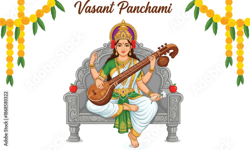 Vasant Panchami illustration of Goddess Saraswati playing veena, Hindu spring festival celebration, Indian culture, Saraswati Puja religious artwork