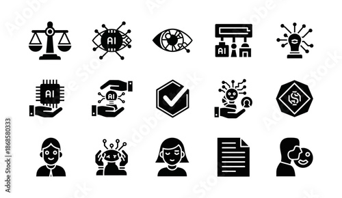 Glyph icons showcasing Artificial Intelligence's impact on ethics, justice, human interaction, technology, and responsible development for future societal integration